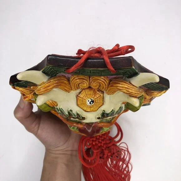 Chinese Yin Yang Dragon Hanging Plaque Pottery Red Tassels Guardian Feng Shui